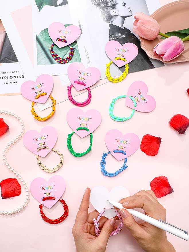 Junkin 60 Sets Valentine Knot Bracelets with Cards Our Class Will Knot Be the Same Without You Classroom Valentines Exchange Gifts Friendship Bracelets Cards for Kids Party Favors (Heart Card)