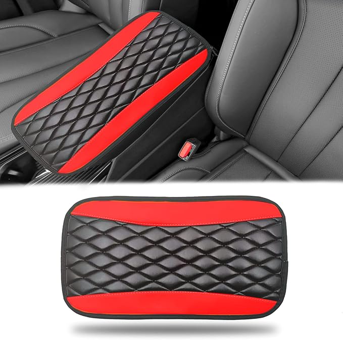 Car Center Console Cover, Universal Leather Waterproof Armrest Seat Box Cover Protector, Comfortable Car Decor Accessories Fit for Most Cars, Vehicles, SUVs-Red