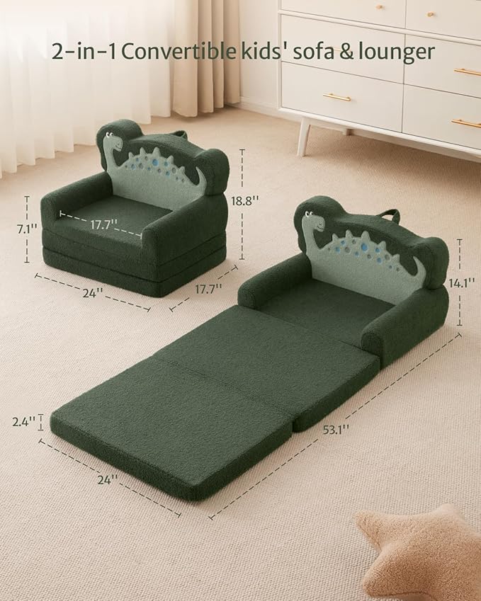 Blissful Diary Kids Couch, 2-in-1 Soft Toddler Couch Fold Out, Toddler Chair Comfy, Convertible Sofa to Lounger with Cute Dinosaur Designs, Dark Green