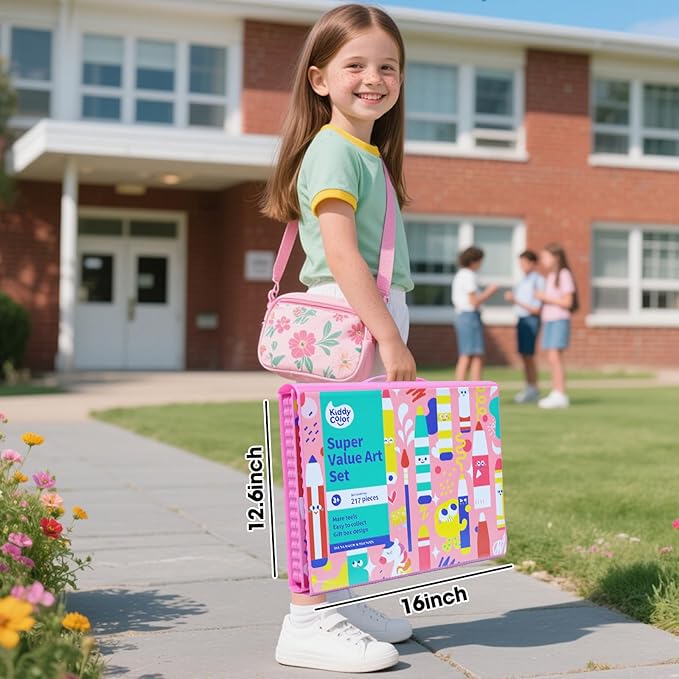 KIDDYCOLOR Kids Art Set, Drawing Art Supplies for Girls & Boys Ages 4-8 with Watercolor Cakes, Oil Pastels, Colored Pencils, Ideal Gift for Young Artist, Pink-217pcs