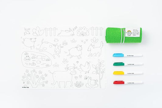 Reuseable Silicone Coloring Mat for Toddlers and Kids - Educational Animal Activity Pad with 6 Markers - Mess Free Travel Toy - Going on Safari (On The Farm)