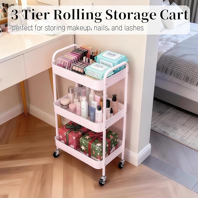 LIWNYRK 3 Tier Pink Rolling Cart for Nursery & Laundry Room with Handle & 4 Hooks, Metal Kitchen Storage Cart on Wheels and Lockable Casters, Large Capacity Sturdy Trolley for Lash Craft Bathroom