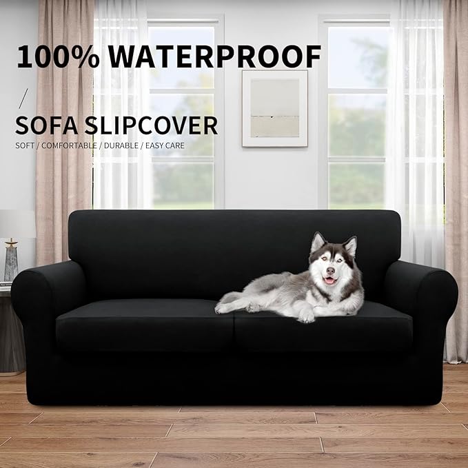 Easy-Going 100% Dual Waterproof Oversized Loveseat Cover Stretch Soft Couch Cover for Dogs, Sofa Slipcover for 2 Separate Cushion Couch Leakproof Furniture Protector for Kids, Pets Black