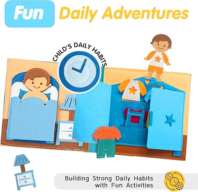 Daily Life of Boys Busy Book for Toddlers,Montessori Busy Books,Preschool Felt Busy Quiet Book Learning Life Skills,House Pretend Play Dress UP Game,Montessori Toys for 3 4 5 Years Autism Sensory