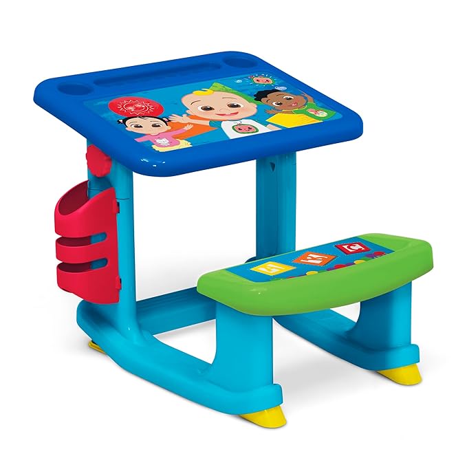 CoComelon Draw and Play Desk by Delta Children – Includes 10 Markers and Coloring Book, Blue