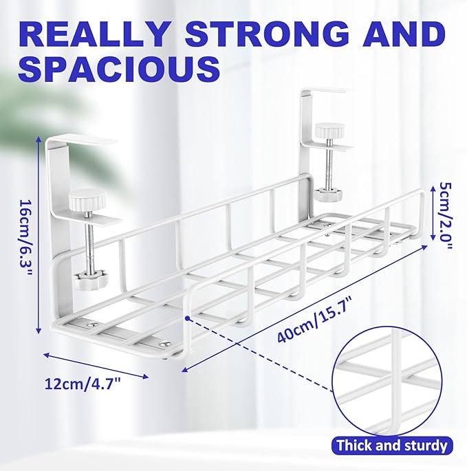 15.7” Under Desk Cable Management Tray, No Drill Steel Cable Tray Organizers, Wire Management Tray Cable Rack with Clamp Mount, Metal Under Desk Tray with Wire and Cord Organizer (White, 1 Pack)