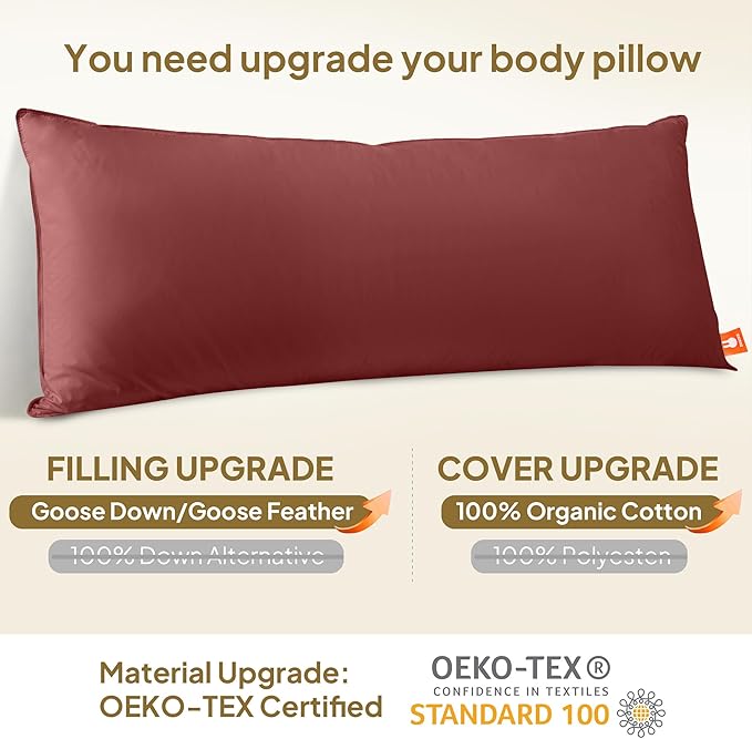 Goose Down Body Pillows for Adults, Large Body Pillow for Side Sleeper, Hugging Feather Body Pillow Insert, Cooling Full Length Long Pillow for Bed with 100% Organic Cotton Shell, (Burgundy 20"x60")
