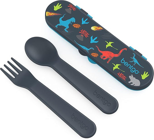 Bentgo Kids Utensil Set - Reusable Plastic Fork, Spoon & Storage Case - BPA-Free Materials, Easy-Grip Handles, Dishwasher Safe - Ideal for School Lunch, Travel, & Outdoors (Dinosaur)