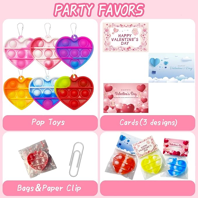 24 Packs Valentines Day Cards for Kids, Heart Pop Valentines Fidget Toys Bulk Stress Relief Fidget Toys for Kids Valentine's Party Favors School Classroom Exchange Gifts，Valentine's Day Gift