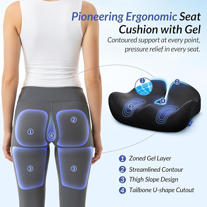 ZIKEE Pioneering Seat Cushion with Gel for Sitting without Stuffiness, Ergonomic Memory Foam Office Chair Cushion for Sciatica, Back, Tailbone Pain Relief, Anti-Slip Car Seat Cushion, Breathable Cover