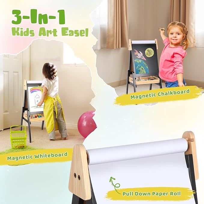 3 in 1 Easel for Kids with Wood Tray Double Sided Kids Easel with Paper Roll,Magnetic Chalkboard & White Board Height Adjustable Painting Standing Easel for Toddlers Childrens 2+ (Black)