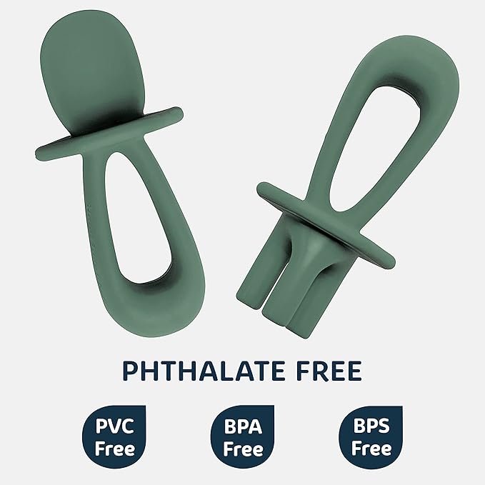 Tiny Twinkle Silicone Training Utensils - Baby Spoons and Baby Forks For Self-Feeding Training - Silicone Baby Led Weaning Utensils For Toddlers And Babies 6-24 Months - Baby Feeding Supplies (Olive)