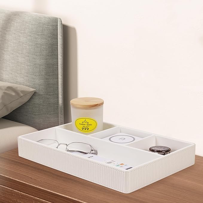 Buqoo PU Valet Storage Tray, Office Supplies Organizer, Stackable Desktop Organizer and Accessories Drawer Organizer for Storing Office Supplies, Jewelry, Cosmetics, White