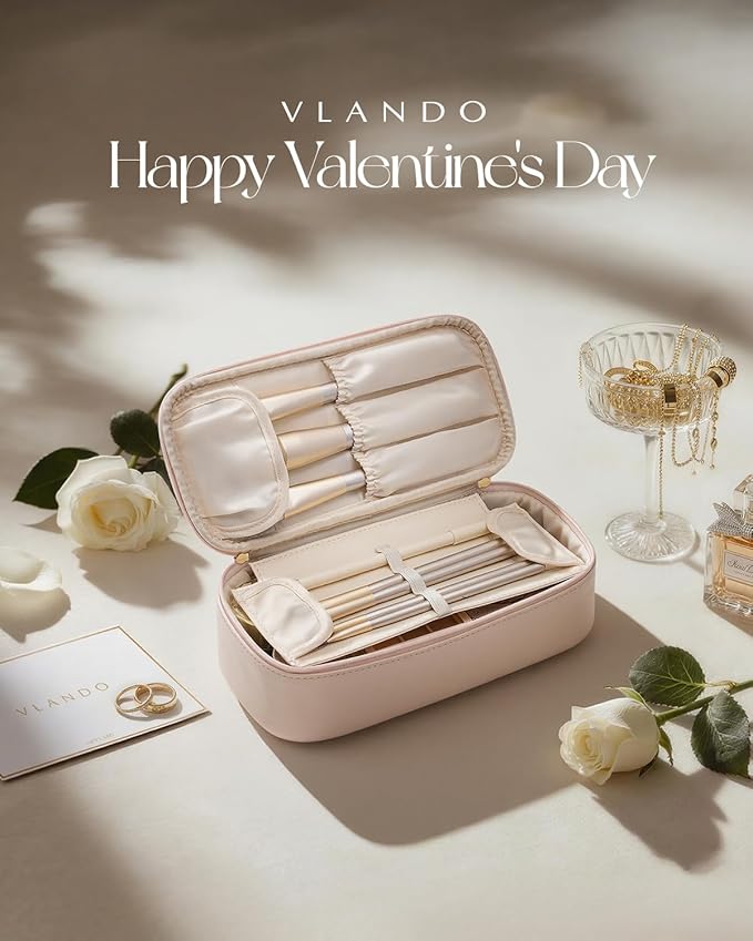 Vlando Makeup Travel Bag,Small Makeup Bag for Women,Gifts for Women Girls, Makeup Pouch Purse Travel Essentials Toiletries-Apricot Pink