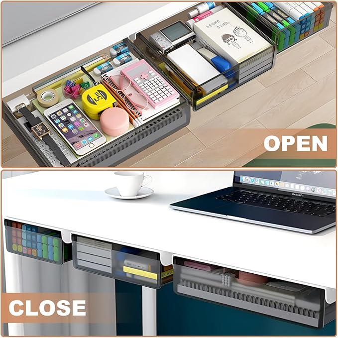 Under Desk Table Drawer Storage Organizer,3 Pack Large & Medium & Small Slide Out Desk Drawers - Hidden Desktop Organizer,Attachable Pencil Storage Tray Under Table(SML)