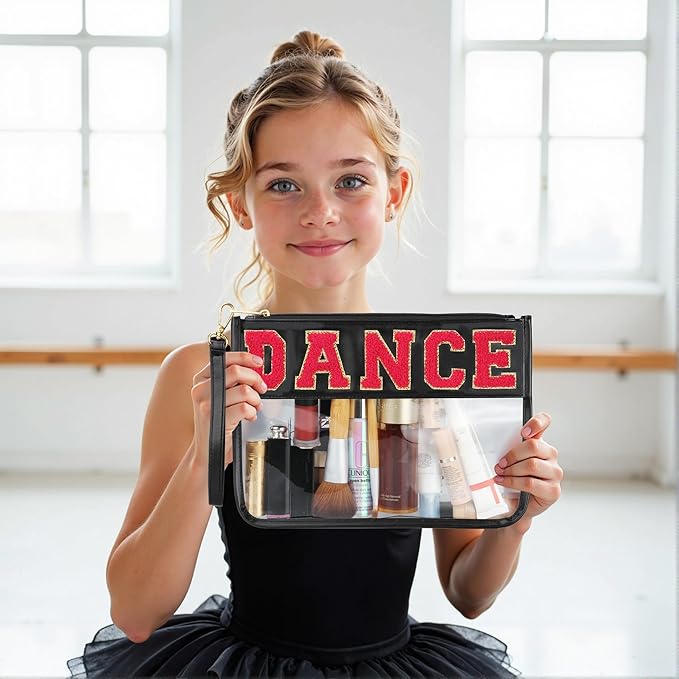 BuyCard Dance Recital Gifts, Clear Makeup Letter Bag, Chenille Letter Patch Cosmetic Bag, Dance Competition Gift, Toiletry Pouches with Zipper, Waterproof Travel Purse for Girl Women Appreciation
