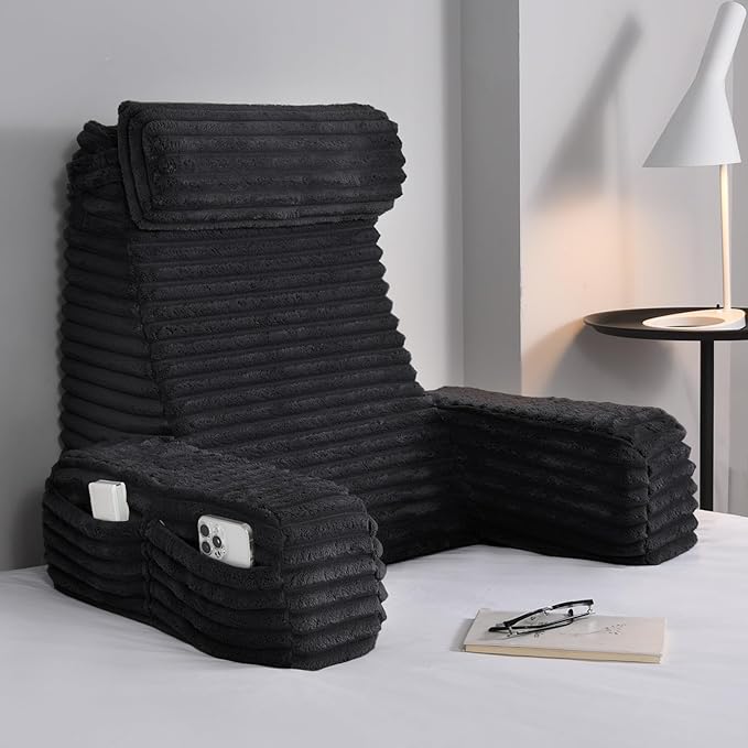 ENITYA 22" XL Ergonomic Bed Pillow for Sitting Up，Backrest Cushion for Reclining,Gaming,Resting,Watching TV,Recovery in Bed, Couch or Floor, Removable Cover, Black