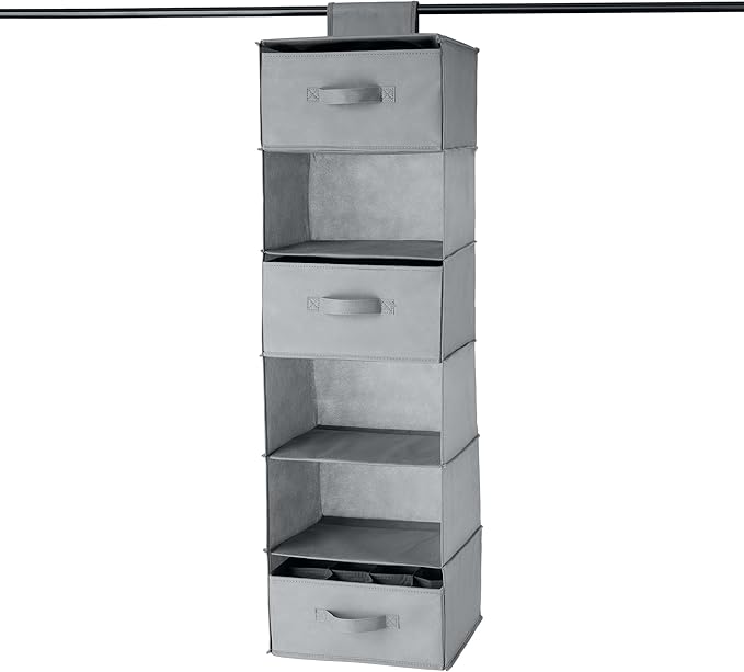 Amazon Basics 6-Tier Hanging Shelf Closet Storage Organizer with Removable Drawers, Grey, 6.9"D x 13.6"W x 12.2"H