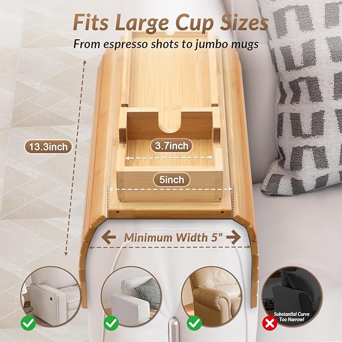 FUNKYLEE Bamboo Couch Armrest Table, Arm Tray with Removable Couch Cup Holder, 2 in 1 Design Foldable Anti-Slip Bamboo Sofa Arm Tray for Remote Controls, Phones, Cups and Snacks