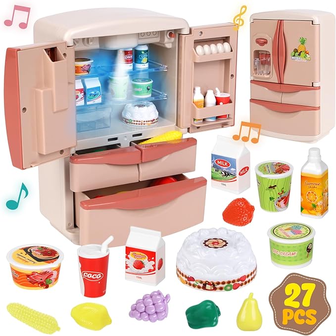 Coherny Play Kitchen Toys Fridge Refrigerator with Ice Dispenser,Mini Dollhouse Furniture Fridge Kids Kitchen Playset with Mini Play Food,Toddler Kitchen Playset Accessories for Boys Girls