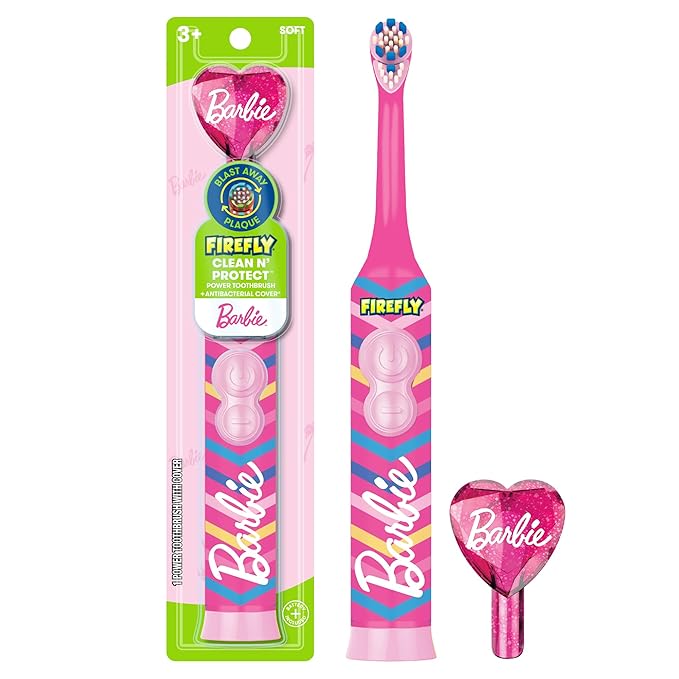 Firefly Clean N' Protect Barbie Toothbrush with Antibacterial Cover, Soft Bristles, Battery Included, Ages 3+, 1 Count