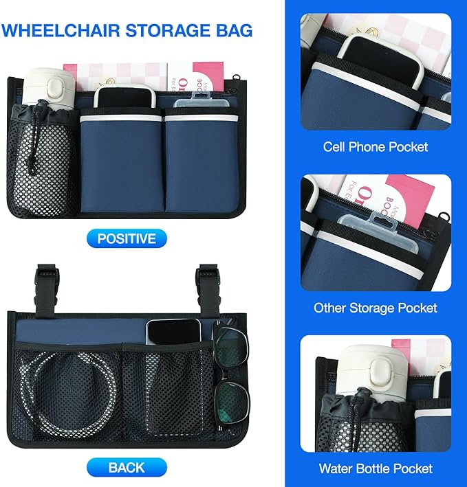 Wheelchair Bag, Walker Bag, Armrest Organizer Pouch with Cup Holder, Reflective Strip, Accessories for Most Wheelchairs, Walkers, Rollators (Navy Blue)