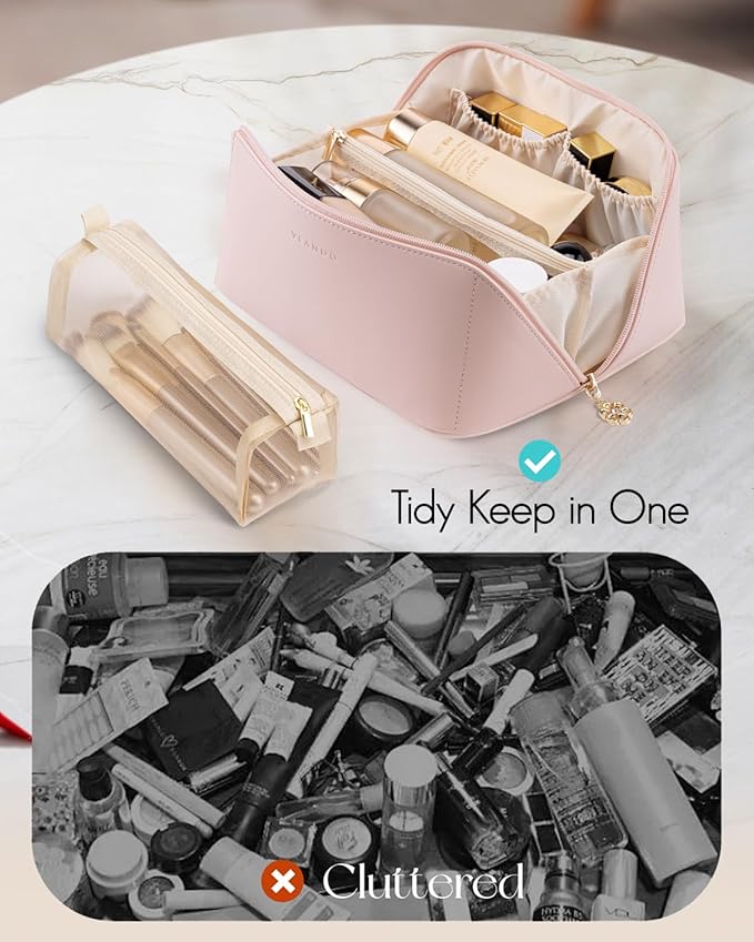 Vlando Makeup Bag,Large Capacity Travel Toiletry Bag,Cosmetic Bags for Women PU Leather Waterproof Portable Pouch with Divider & Handle-Pink