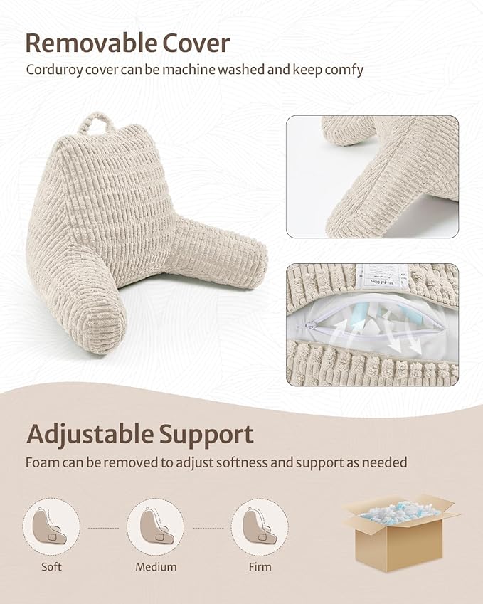 Blissful Diary Reading Pillow, Large Backrest Pillow with Shredded Memory Foam for Adult & Children, Designed for Bed and Couch Sitting Up, Includes Arms, Pockets and Washable Cover, Off White