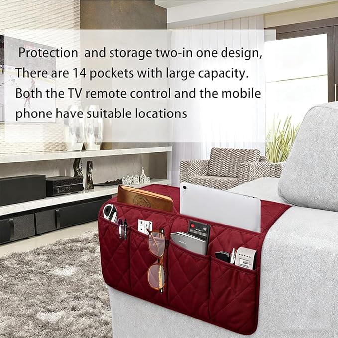 Armchair Caddy,Non Slip Sofa Armrest Organizer, Couch Armrest Remote Control Holder,Waterproof Recliner Arm Caddy with 14 Pockets for Cell Phone TV Remote Control