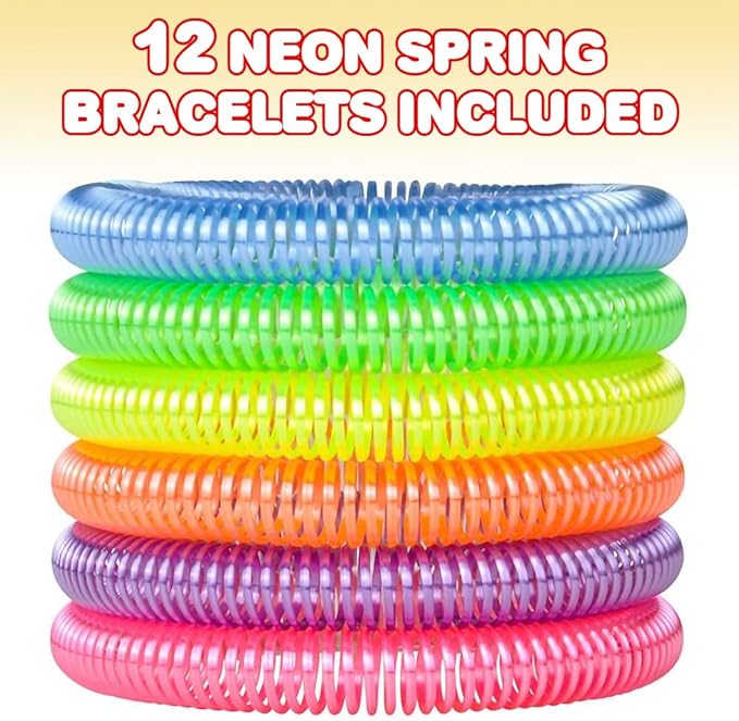 ArtCreativity Neon Spring Bracelets - Pack of 12 Elastic Plastic Wristbands in Assorted Neon Colors - Fun Party Favor, Carnival Prize, Goodie Bag Fillers, for kids and adults