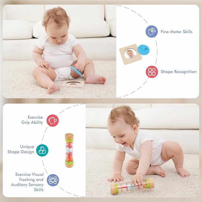 Montessori Toys for Babies 7-8 Months, Wooden Montessori Toys, Includes Object Permanence Box, Balls, Rainmaker, Peek-a-Zoo Puzzle, Texture Cards, First Signs, Play Guide, Treasures Basket