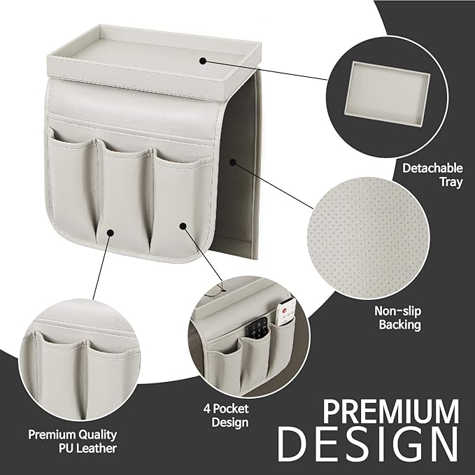 Couch Remote Caddy Control Holder Sofa Synthetic PU Leather Organizer with Detachable Tray for Recliner Chair Armrests with 4 Slots - 1 Large Pockets and 3 Small Pockets (Grey)