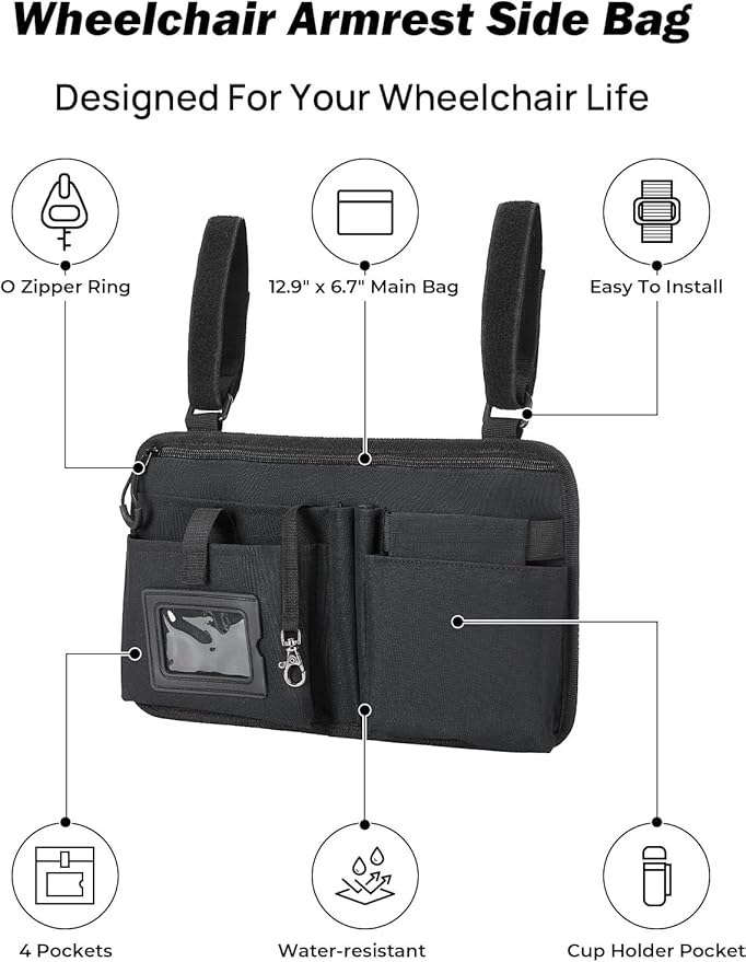 JOYTUTUS Wheelchair Side Bag, Upgraded Walker Pouch Bag with Cup Holder, Wheelchair Armrest Accessories for Walker, Rollator, Electric Scooter Wheelchairs, Ideal Gift for Seniors, Black