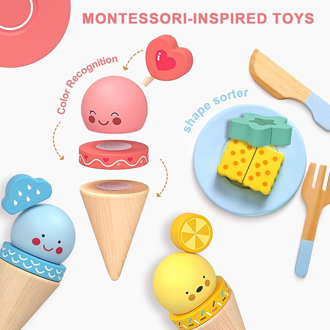 42PCS Wooden Kids Coffee Maker Toy Play Set 3 in 1 Ice Cream Dessert Maker Playset Toy,Pretend Play Food Kitchen Accessories,Montessori Shape Sorter Toy for Girl and Boy
