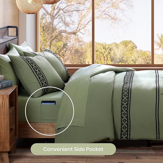 MaiRêve Embroidery Comforter Sets Full Size, Light Olive Green Western Boho Bedding Set 7 Pieces, Farmhouse All Season Bed in A Bag Comforter Set with Sheets, Pillowcases & Shams