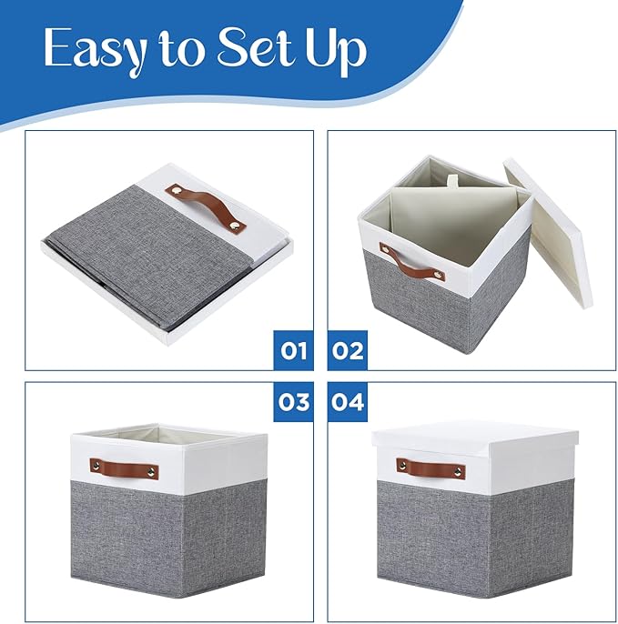 Temary Foldable Fabric Storage Bins with Lids, 2-Pack Storage Bin for Organizing Living Room, Closet Organization, Multi-Purpose Storage Boxes for Clothes (White&Grey, 10.5x10.5x10.5in)