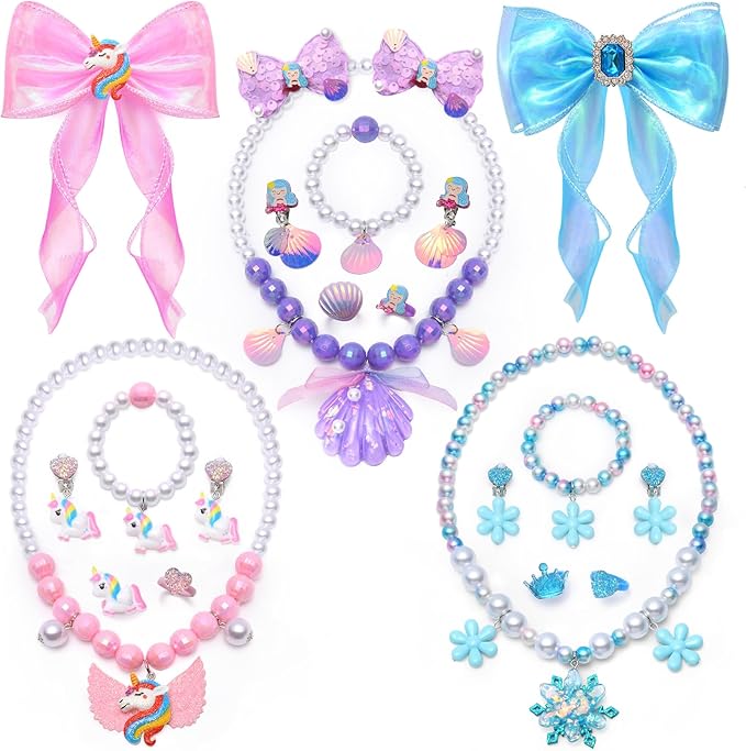 21Pcs Toddler Girls Jewelry Princess Dress Up Hair Bows Bead Necklace Bracelets Pendant Earring Rings, Unicorn Mermaid Forzen Party Favors Costume Accessories Little Girl Birthday Gift Jewelry Toys
