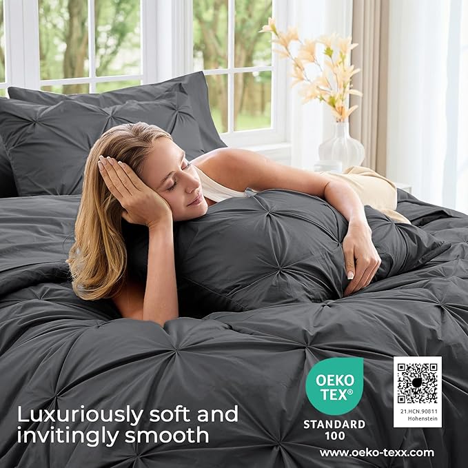 Sasttie King Size Comforter Set, 7-Piece Bed in a Bag, Pintuck Bedding Sets for All Season, Includes Comforter, Flat Sheet, Fitted Sheet, Pillowcases and Pillowshams, Dark Grey