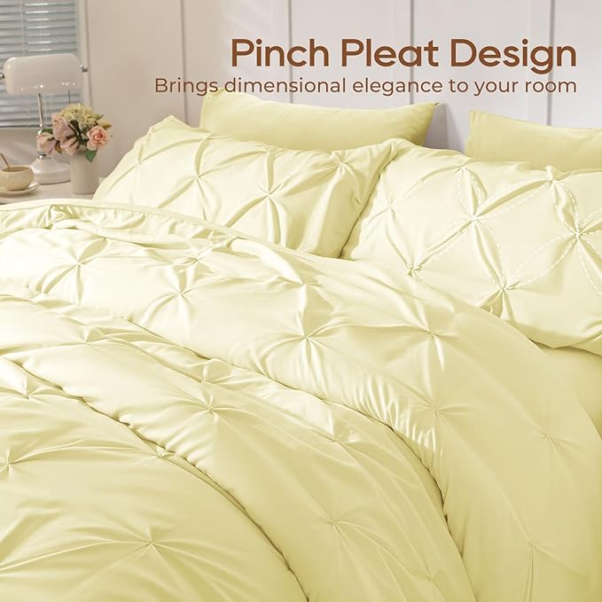 Sasttie Full Size Comforter Set, 7-Piece Bed in a Bag, Pintuck Bedding Set for All Season, Includes Comforter, Flat Sheet, Fitted Sheet, Pillowcases and Pillowshams, Cream Yellow