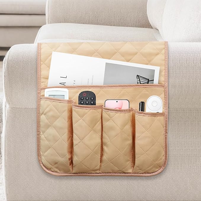 Armchair Caddy Couch Caddy Organizer Remote Control Holder Non-Slip Sofa Armrest Organizer Bedside Caddy with 5 Pockets for Cell Phone TV Remote Control Magazines (LIGHT KHAKI)