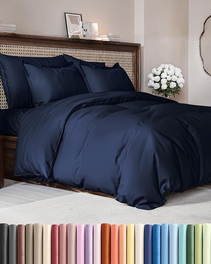 Duvet Cover Queen Size Set - Extra Soft Queen Size Duvet Cover 90 x 90 with 2 Pillow Shams - Hotel Luxury Easy Care and Fade Free w/Zipper Closures & Ties - Comfy Breathable Bedding Set (Navy Blue)