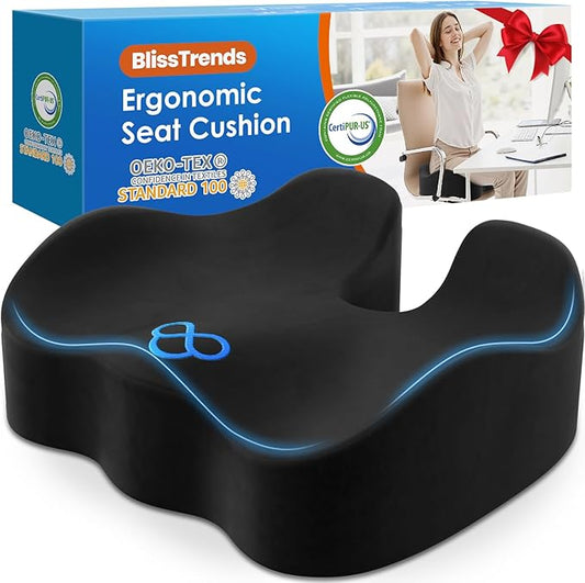 BlissTrends Seat Cushion,5.2in Thick Memory Foam Cushions for Office Chair, Car Seat, Airplane, Relieving Pressure Tailbone Sciatica Back Pain for Long Sitting Office Workers, Car Drivers Black