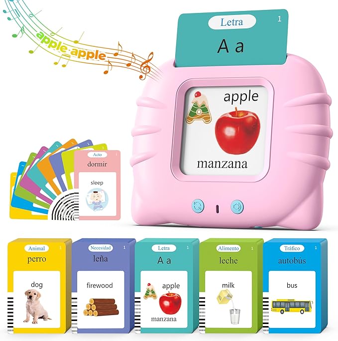 Bilingual Pink Spanish and English Talking Flash Cards, Pocket Speech Therapy Toys with 512 Words, Montessori Language Learning Toys, Autism Toys, Children's Sensory Learning, Birthday Toys