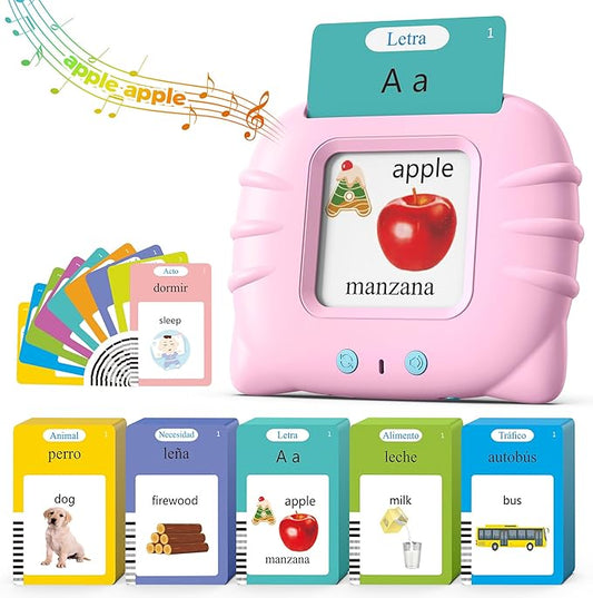 Bilingual Pink Spanish and English Talking Flash Cards, Pocket Speech Therapy Toys with 512 Words, Montessori Language Learning Toys, Autism Toys, Children's Sensory Learning, Birthday Toys