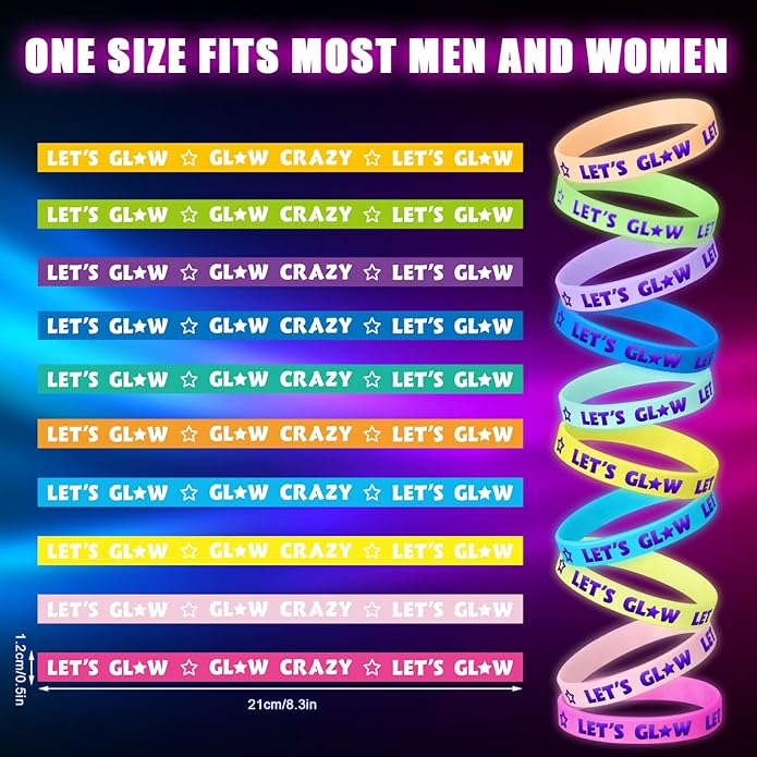Karenhi 100 Pcs Let's Glow Silicone Bracelet Crazy Bracelet Glow in the Dark Bracelets Light up Wristbands for Neon Party Concerts Sports Parties Night Favors, 10 Styles