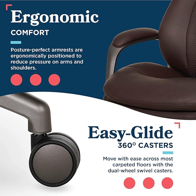 La-Z-Boy Nova Vegan Leather Modern Executive Ergonomic Design Office Chair, Memory Foam Thick Contoured Seat Back with Patented Lumbar Support Technology, Soft to Medium Sit Comfort, Brown