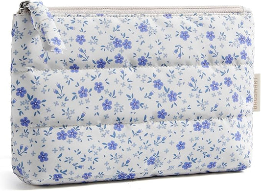 BAGSMART Small Makeup Bag, Puffy Portable Cosmetic Pouch with Charm Zipper, Water-Resistant Travel Organizer for Women (Blue Flower, Small)