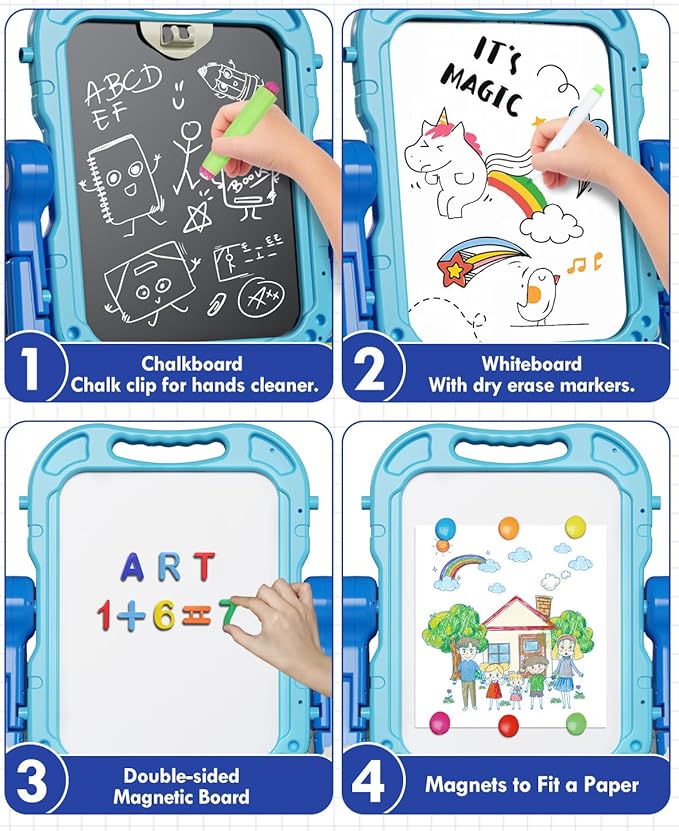 Lehoo Castle Easel for Kids, 4 in 1 Double Sided Kids Art Easel with Magnetic White Board & Chalk Board, Adjustable Standing Toddler Easel with Drawing & Writing Accessories - Gift for Boys and Girls