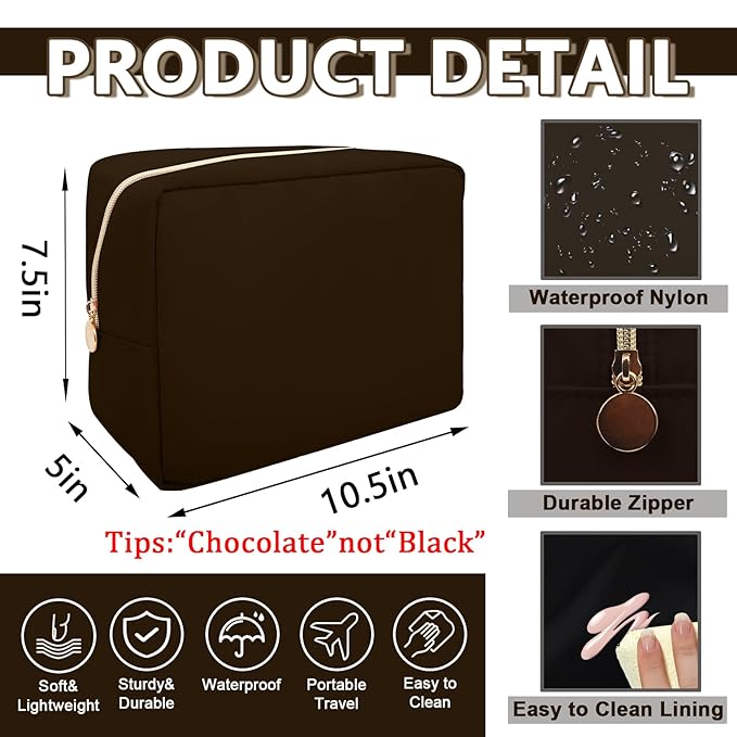 UIXIZQ Large Makeup Bag Pouch,Nylon Women Travel Toiletry Storage Bag Preppy Cosmetic Bag for Girls,Big Makeup Organizer Bag Cute Zipper Pouch Skincare Bag for Sport Work Gift(Large-Chocolate)