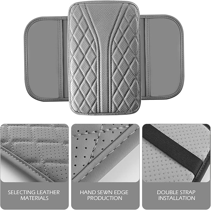 Bawkars Car Center Console Cover, Leather Vehicle Armrest Protector Cushion with 2 Side Storage Bags, Auto Breathable Middle Interior Accessories, Universal for SUV, Sedan, Truck (Gray)